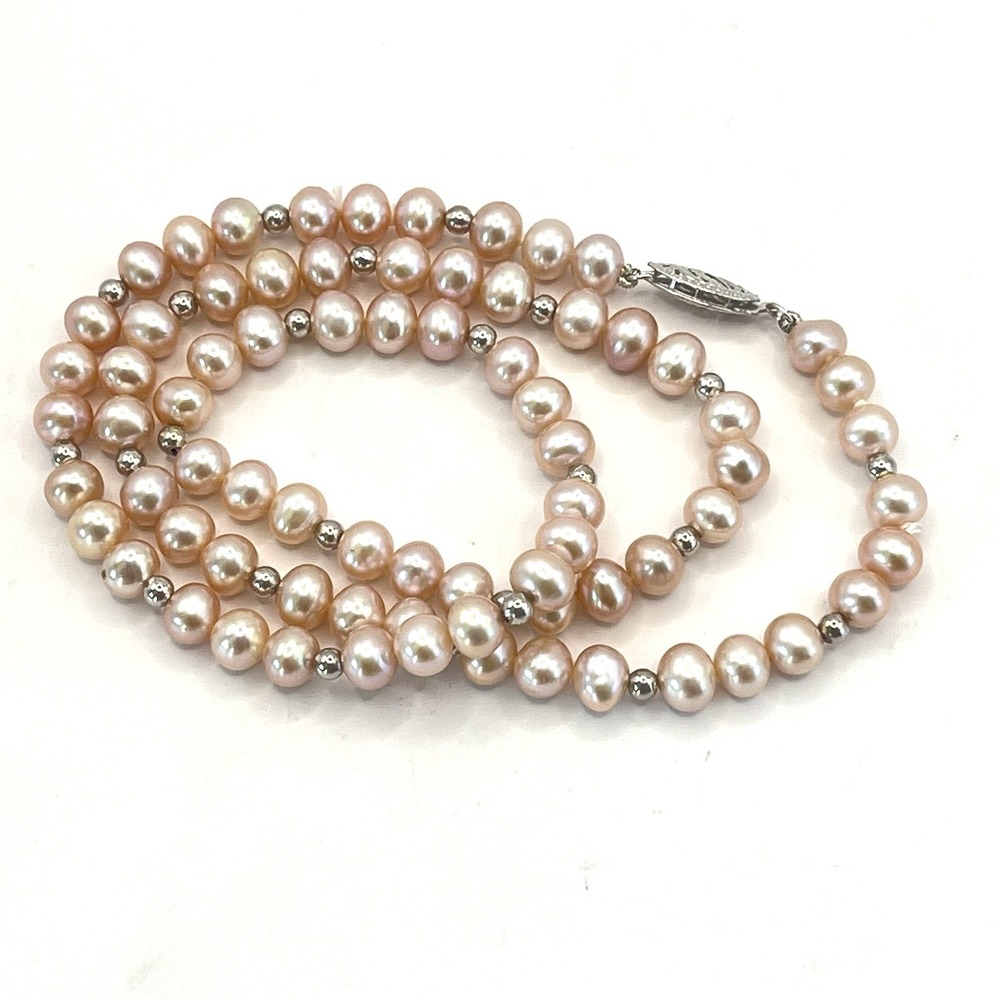Vintage Freshwater Pink Pearl Necklace With 14k White Gold Beads And Closure 18"